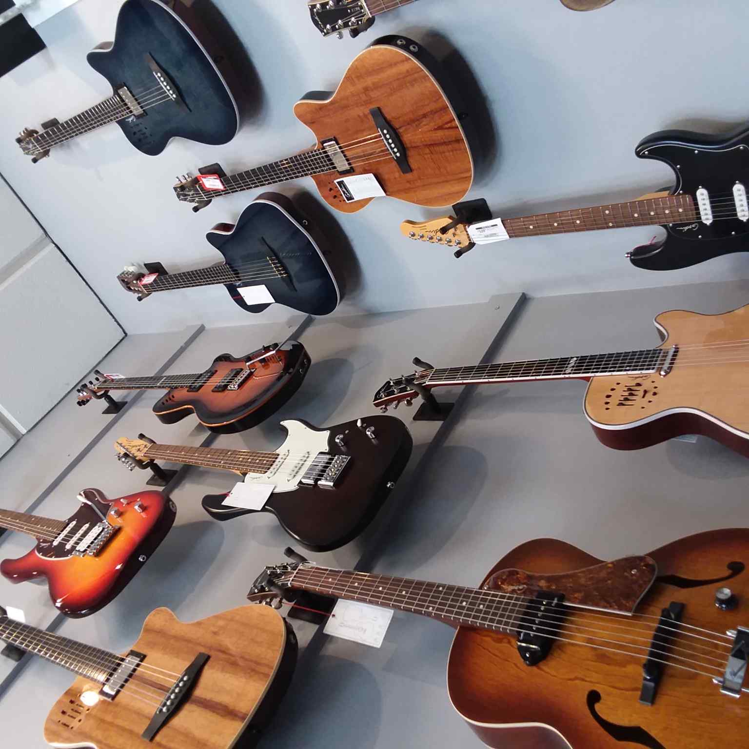 A wall of Godin guitars