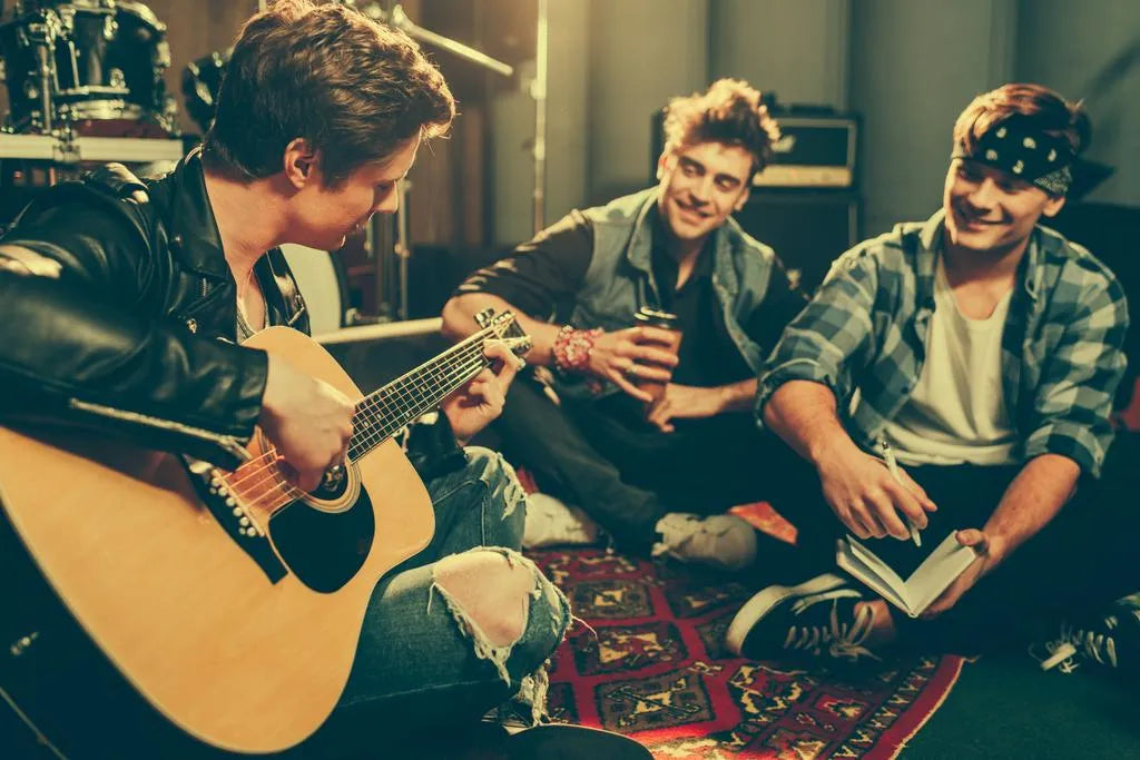 Friends hanging out with a guitar