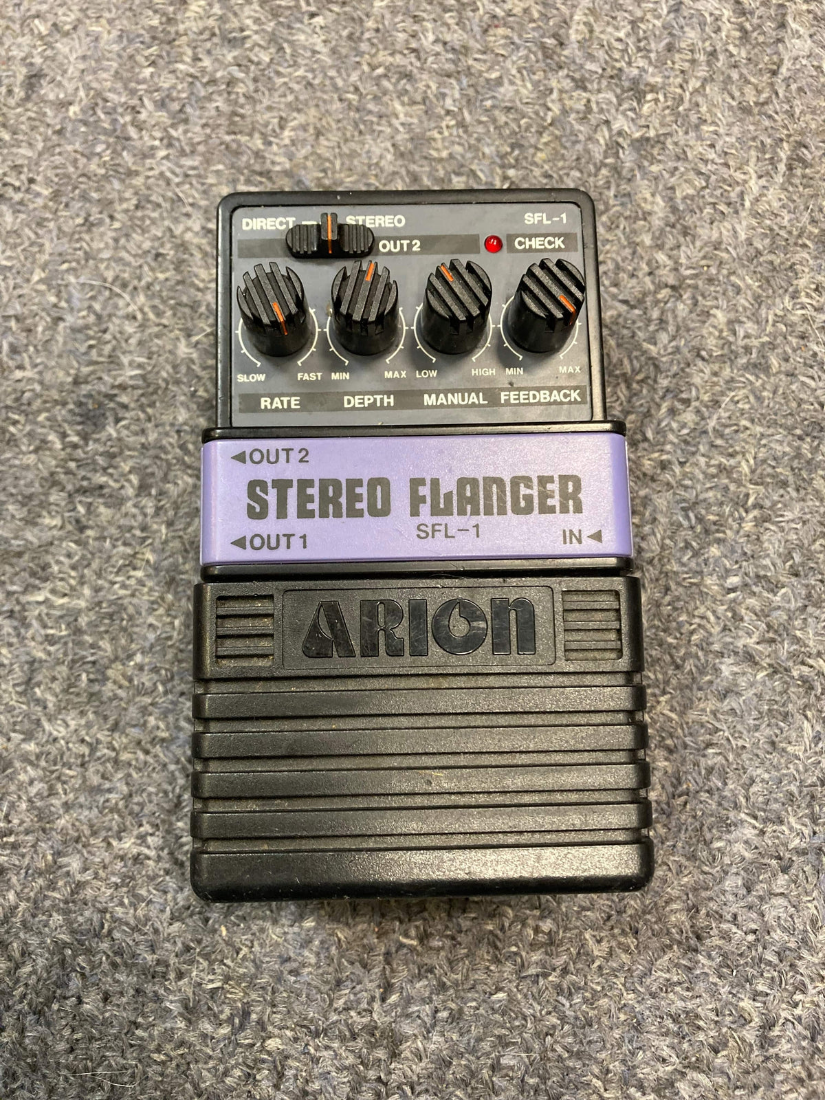 Arion SFL-1 Stereo Flanger Grey Japan, close-up view showcasing its controls and logo.