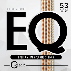 Cleartone EQ Acoustic Guitar Strings, displayed in a white box with black lettering and gold strings, featuring advanced coating technology for enhanced tone and durability.