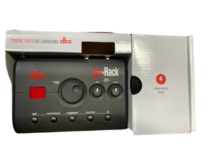 DBX goRack Performance Processor in box, featuring adjustable dials for enhancing sound performance. Ideal for music enthusiasts seeking superior audio control.