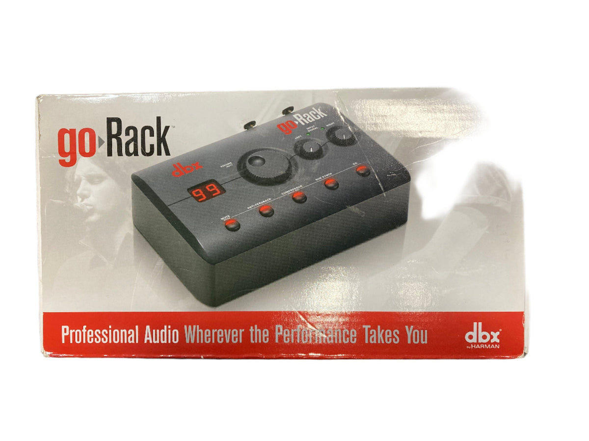 DBX goRack Performance Processor box showcasing a black device designed for enhancing audio control and sound performance.