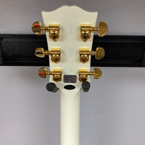 Epiphone IGC 1959 ES-355 Classic White Electric Guitar with gold knobs, shown front and back, highlighting craftsmanship details including gold hardware and ebony fretboard.