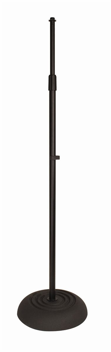 Jamstands: Round Base Mic Stand, featuring a sturdy black pole and light, with adjustable height and durable construction for reliable stage performances.