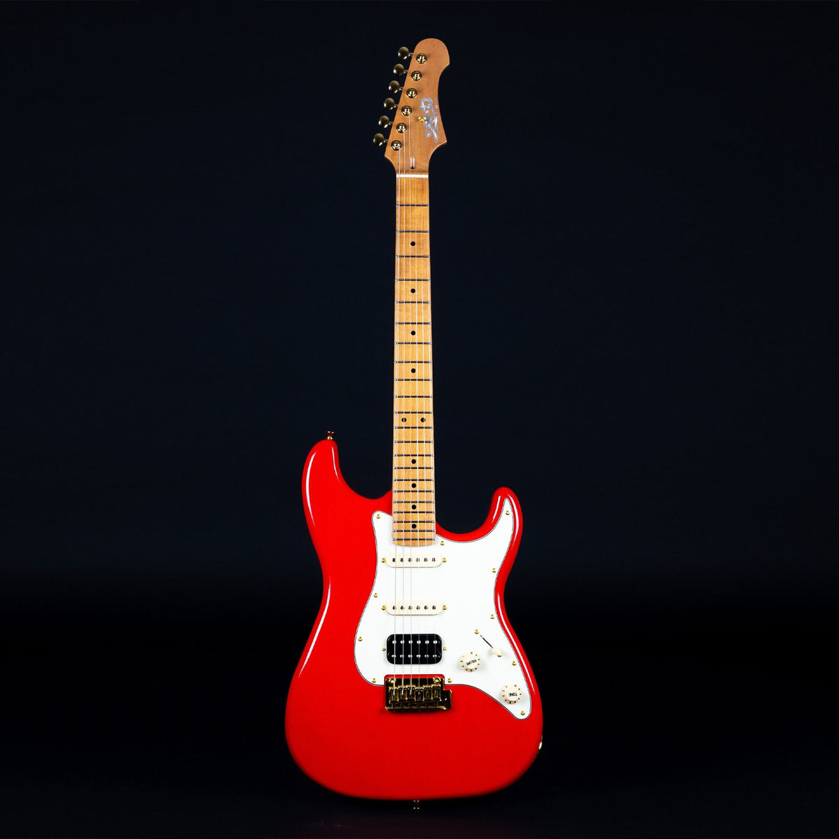 Jet JS-400 electric guitar showcasing a red and white body with a Canadian roasted maple neck, ideal for versatile tones and comfortable playability.