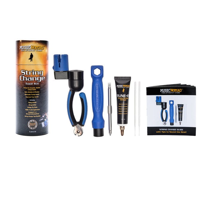 Music Nomad String Changing Kit includes tools and a tube, perfect for efficient guitar maintenance and string replacement.