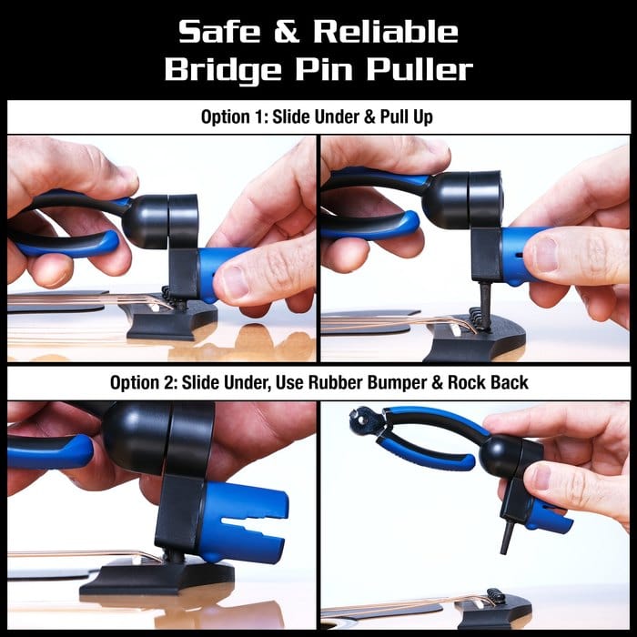 Collage showing hands using Music Nomad String Changing Kit tools: bridge pin puller, string winder, and cutter.