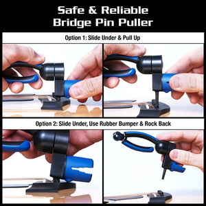 Collage showing hands using Music Nomad String Changing Kit tools: bridge pin puller, string winder, and cutter.