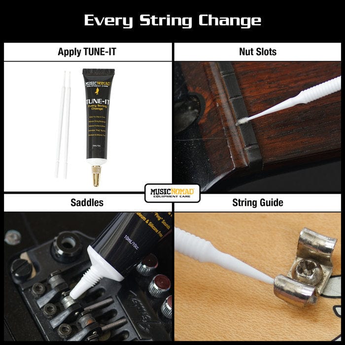 Music Nomad String Changing Kit featuring a multi-tool, glue tube, and additional accessories for efficient guitar maintenance.