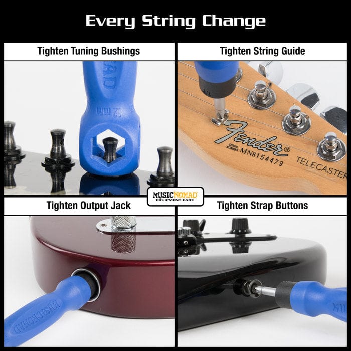 Music Nomad String Changing Kit displayed with various guitar maintenance tools for electric and acoustic guitars.