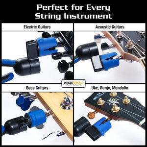 Music Nomad String Changing Kit: a collage featuring a close-up of guitar tools, including a string winder-cutter and multi-tool.