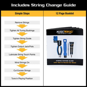 Music Nomad String Changing Kit with an instructional booklet, blue tool, and storage tube for efficient guitar maintenance.