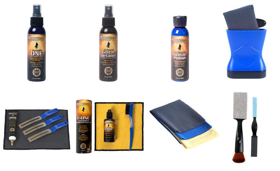 Music Nomad Total Guitar Spa Kit with bottles, cloths, and tools for comprehensive guitar care and maintenance.