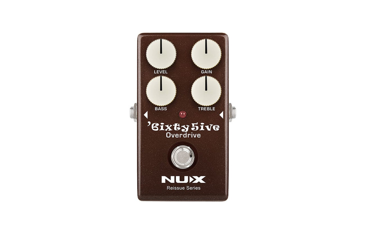 NUX 6ixty 5ive Overdrive Black Pannel Pedal with white knobs and dials, designed for clear drive and overdrive tones.