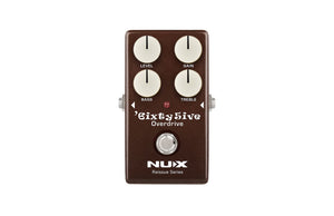 NUX 6ixty 5ive Overdrive Black Pannel Pedal with white knobs and dials, designed for clear drive and overdrive tones.