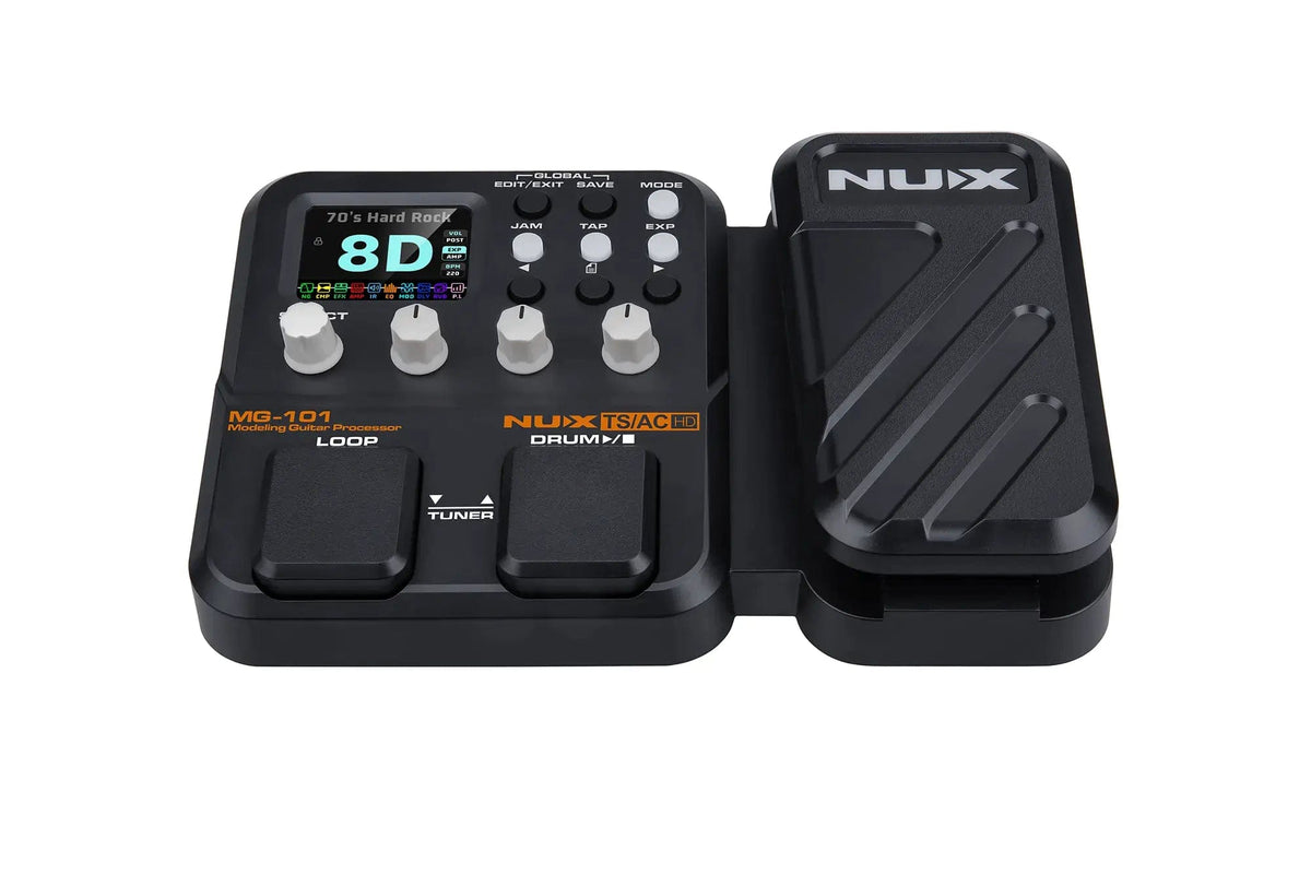 NUX MG-101 Guitar Micro Processor - a sleek, compact effects pedal with multiple controls and a digital display for versatile sound customization.