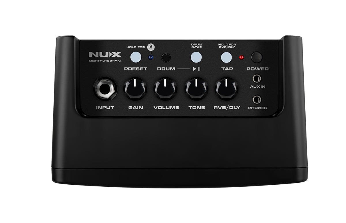 NUX Mighty Lite BT MKII Desktop Guitar Amp with knobs and buttons, offering versatile electric and acoustic guitar effects, including amp modeling and cabinet IRs.