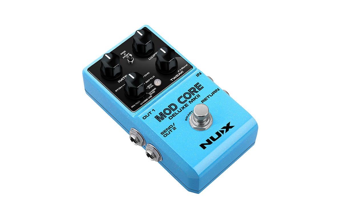 NUX Mod Core Deluxe MKII modulation pedal with 8 effect types, advanced signal routing, and compact design, ideal for versatile guitar setups.