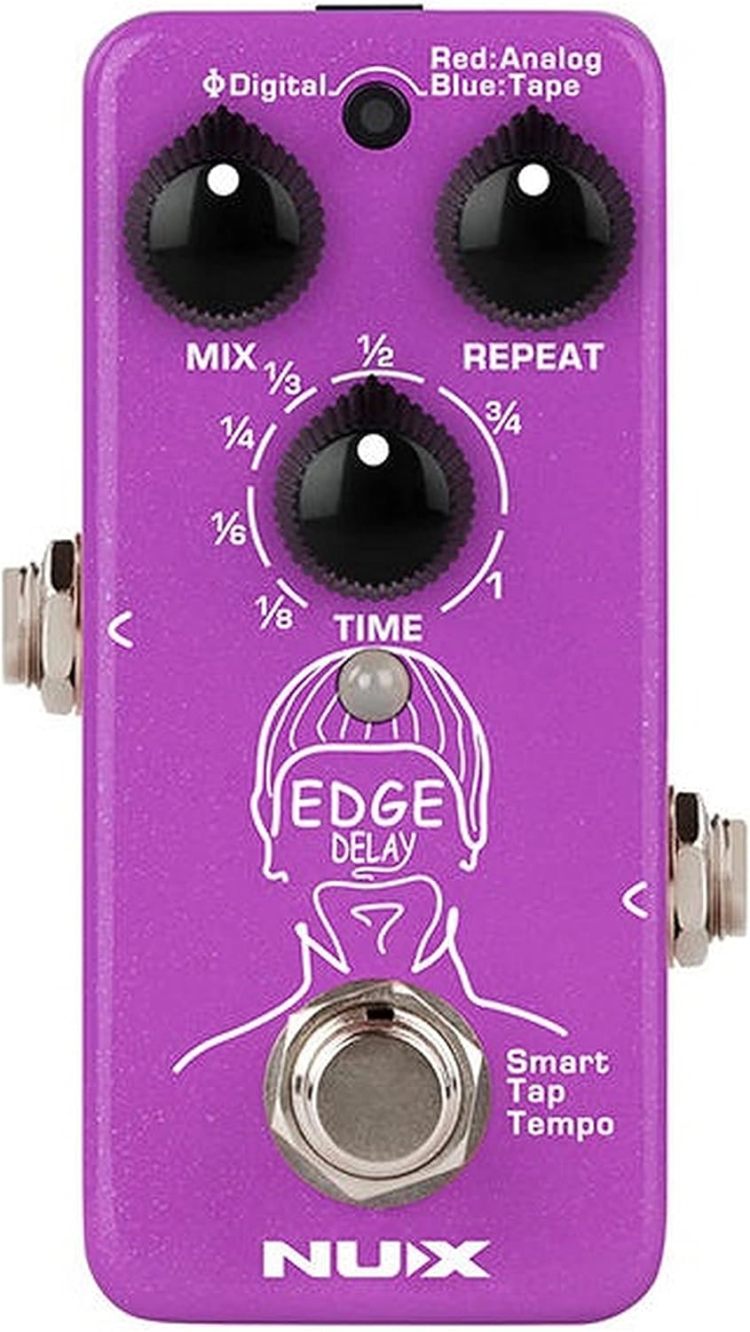 NUX NDD-3 Edge Delay Mini Pedal with knobs and dials, featuring three delay types: Phi Digital, Analog, and Tape Echo, in a compact design.