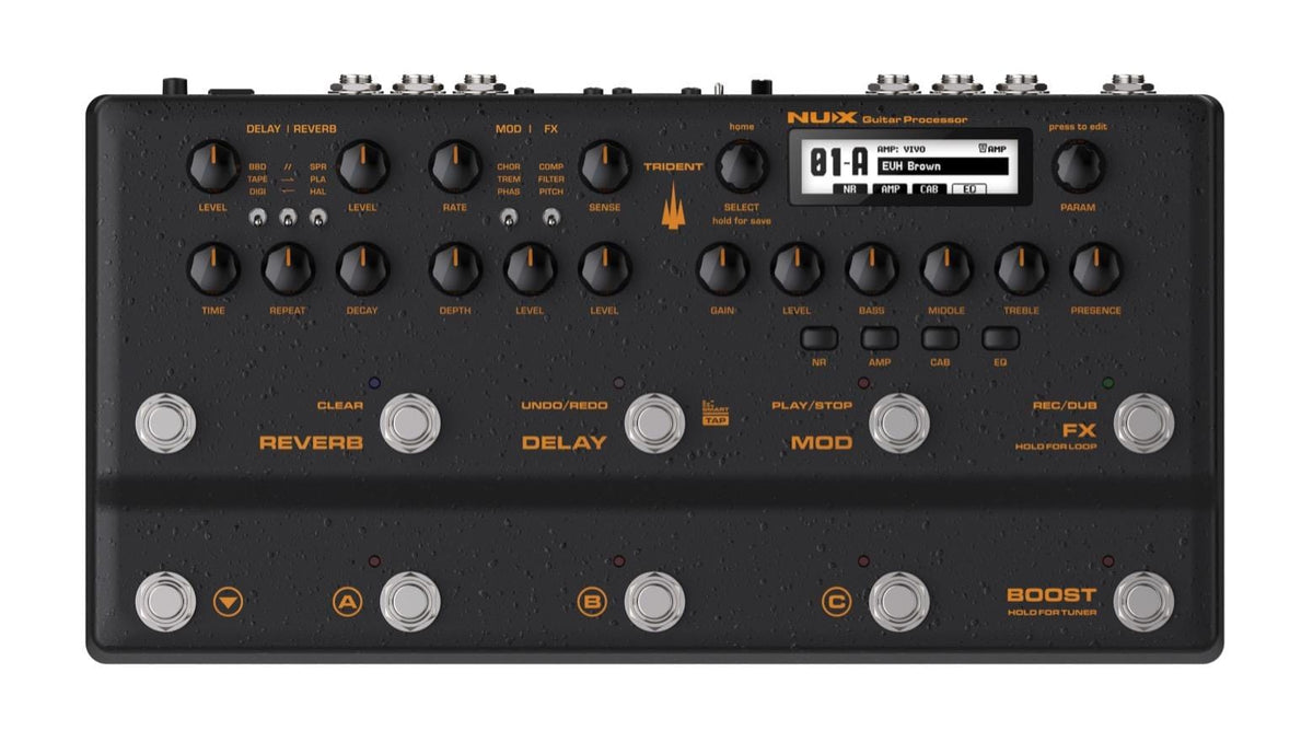 NUX NME-5 Trident, an advanced guitar amplifier and effects processor with multiple I/O ports, buttons, and dials for live performance optimization.