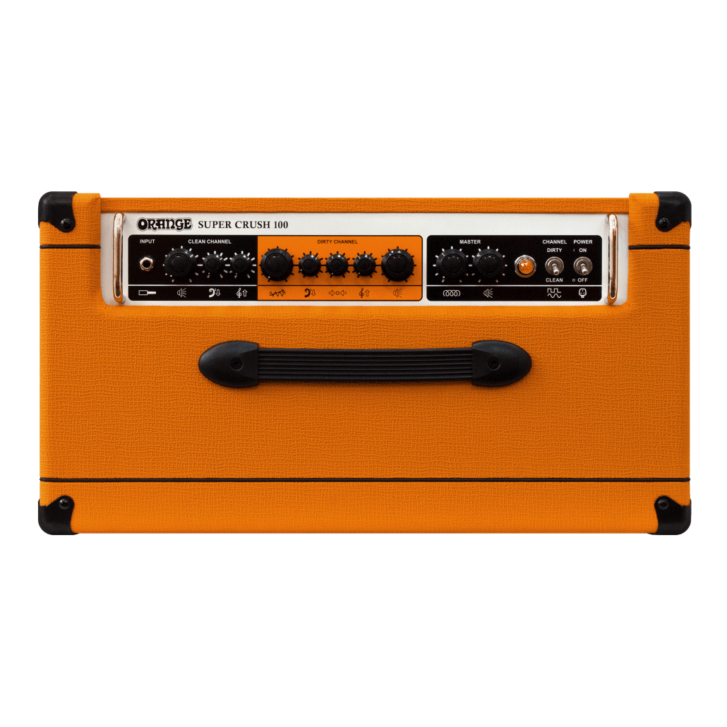 Orange Super Crush 100 amplifier with knobs and a black vent, featuring a 100-watt solid-state design and a Celestion G12K-150 speaker.