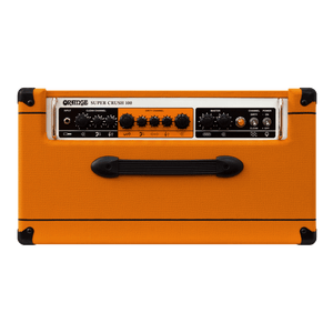 Orange Super Crush 100 amplifier with knobs and a black vent, featuring a 100-watt solid-state design and a Celestion G12K-150 speaker.