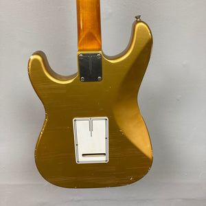 TopHat Stratavarius Aztec Gold Relic guitar with signature, aged finish, Righteous Sound pickups, and Callaham tremolo system.