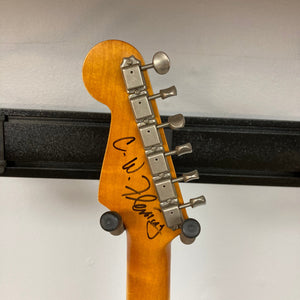 TopHat Stratavarius Aztec Gold Relic guitar close-up, featuring an autographed neck and metallic components.