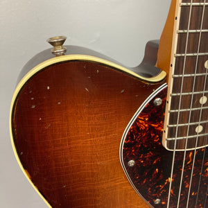 TopHat Telavarius Junior Relic Sunburst guitar, close-up of strings, neck, and back, featuring a dogear P90 pickup and Faber wraparound bridge.