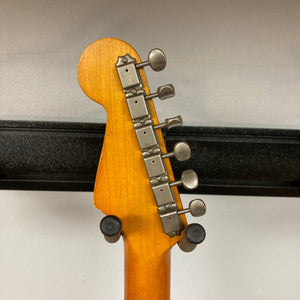 Close-up of the TopHat Telavarius Junior Relic Sunburst guitar neck, featuring a single dogear P90 pickup and Faber wraparound bridge.