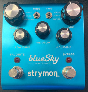 Strymon blueSky reverberator pedal v1 USED, featuring knobs, buttons, and a rugged aluminum chassis, shown close-up.