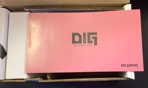 Strymon DIG Dual Digital Delay v1 USED in pink box with black text, featuring dual delays, rhythmic subdivisions, and modulation options.