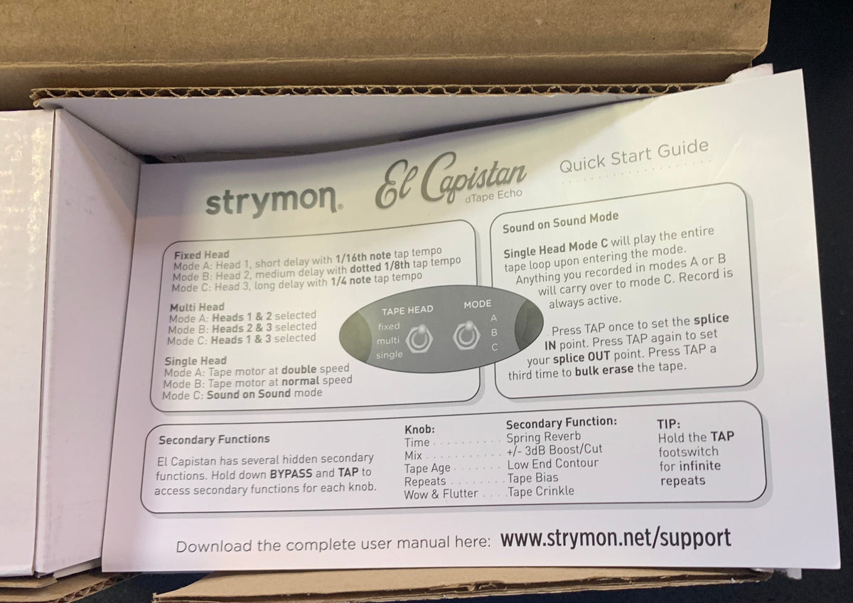 Strymon El Capistan Tape Echo v1 USED, shown with its box and instructions, featuring a close-up of the toggle switch and logo.