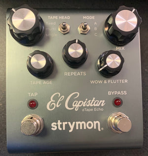 Strymon El Capistan Tape Echo v1 USED – a grey box with multiple knobs and buttons for versatile tape echo effects, including tap tempo and stereo output.