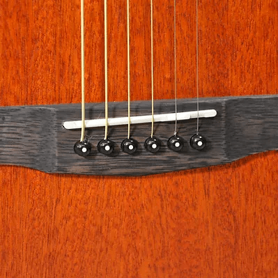 Close-up of the Bodhi BG10M African Okoume Mahogany Top Concert Body Acoustic Guitar, highlighting its strings and wood craftsmanship.