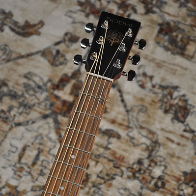 Bodhi BG10M African Okoume Mahogany Top Concert Body Acoustic Guitar, close-up of neck and fretboard, showcasing craftsmanship and detailing.