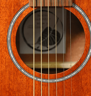 Close-up of the Bodhi BG10M African Okoume Mahogany Top Concert Body Acoustic Guitar, showcasing its detailed strings and craftsmanship.