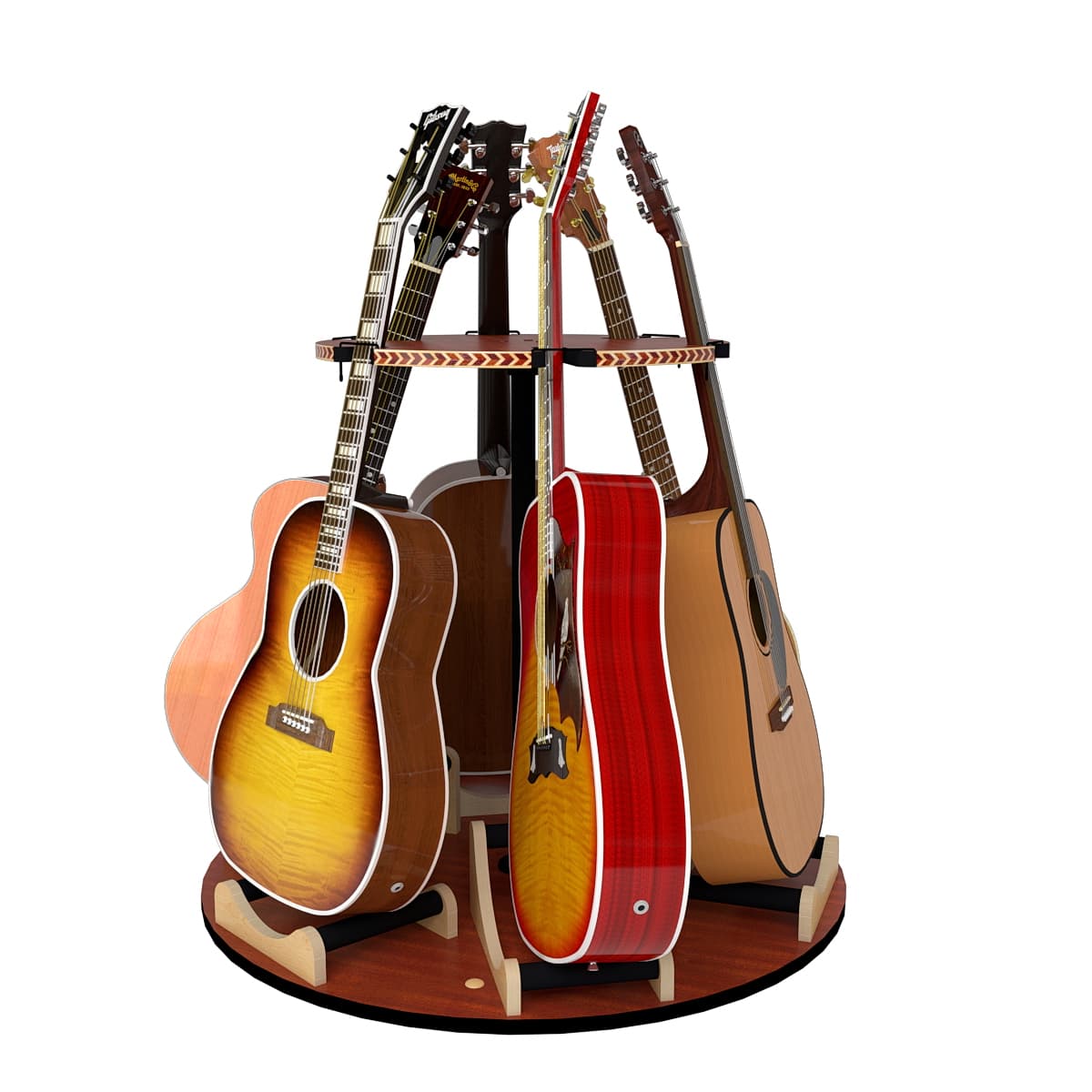 Carousel Deluxe Multi-Guitar Stand holding multiple guitars, showcasing its capacity to store various instruments efficiently.