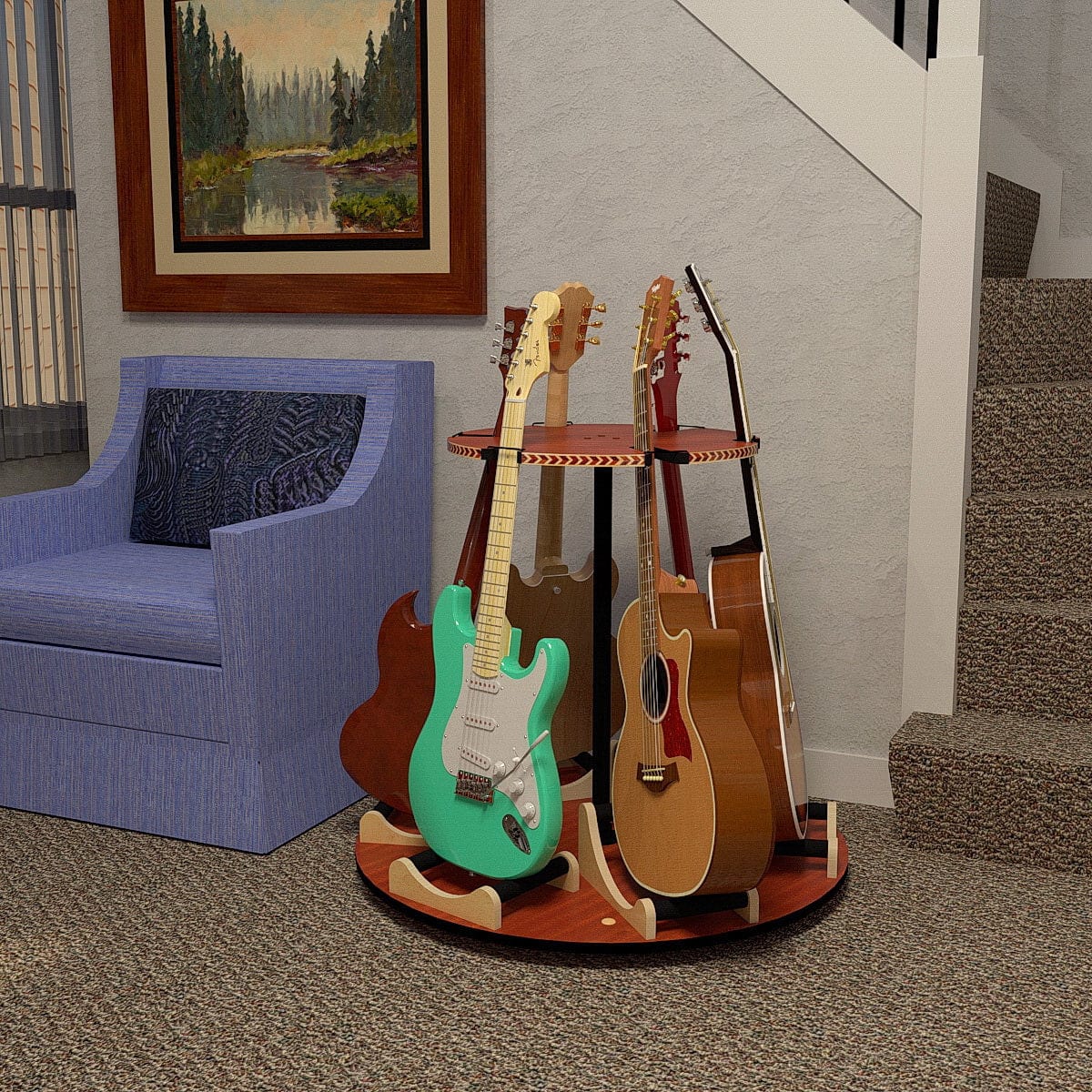 Carousel Deluxe Multi-Guitar Stand holding six guitars on a round rotating base, designed for various guitar types, displayed in an indoor setting.