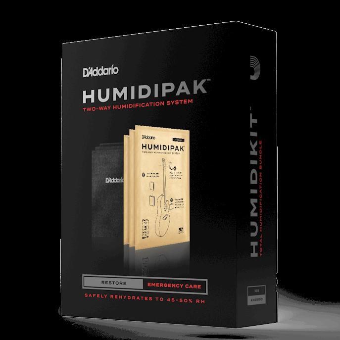 D&#39;Addario Humidipak Restore Kit Automatic Guitar Humidity Conditioning System, featuring a diagram of a guitar, designed to maintain optimal humidity for instruments.