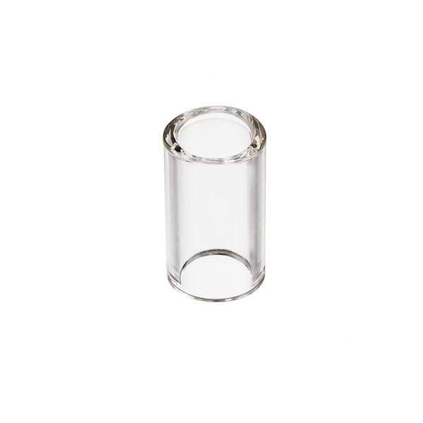 D&#39;Addario Glass Slide Lrg: a clear glass cylinder with a black cap and round bottom, ideal for enhancing guitar tone and control.