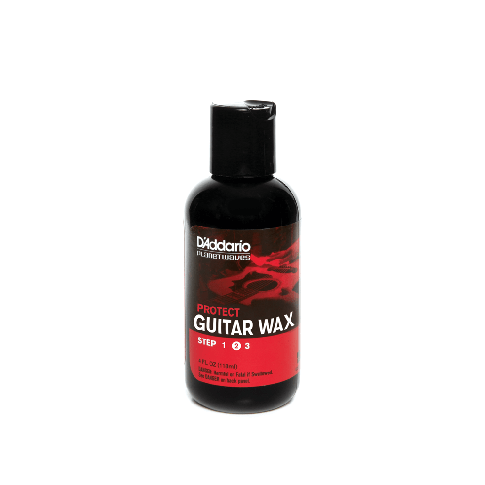 D&#39;Addario Protect Liquid Carnauba Guitar Wax in a black bottle with a red label, designed to seal and protect clear-coated instruments.