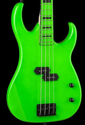 Dean Custom Zone Nuclear Green Bass Guitar with black strings and hardware, featuring a maple fingerboard with black block markers and 20 frets.