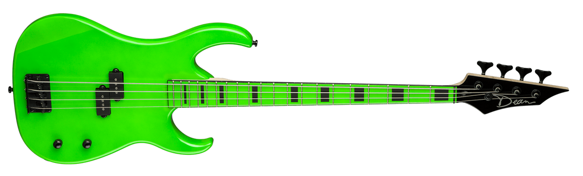 Dean Custom Zone Nuclear Green Bass Guitar with black hardware, maple fingerboard, and 20 frets.