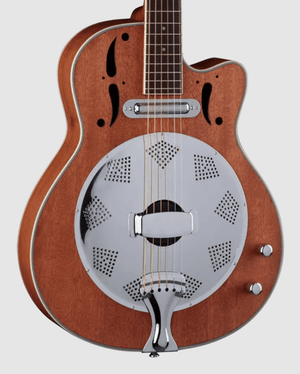 Close-up of the Dean CE Acoustic-Electric Resonator Guitar showcasing its modern body design and 21-fret fingerboard.