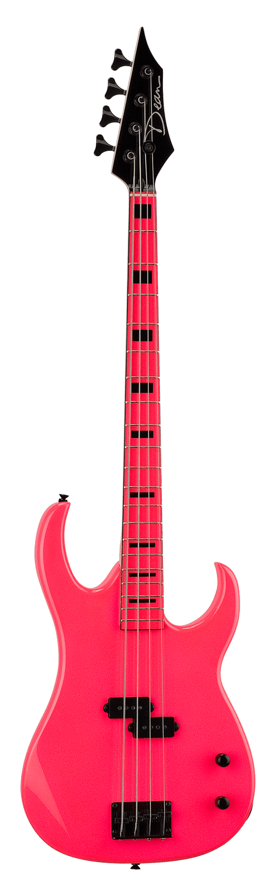 Dean Custom Zone Fluorescent Pink Bass guitar, electric, featuring black hardware and a matching maple neck.