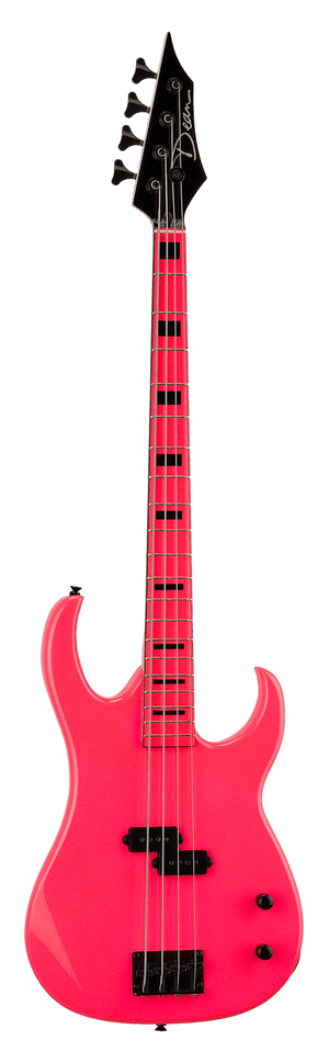 Dean Custom Zone Fluorescent Pink Bass guitar, electric, featuring black hardware and a matching maple neck.