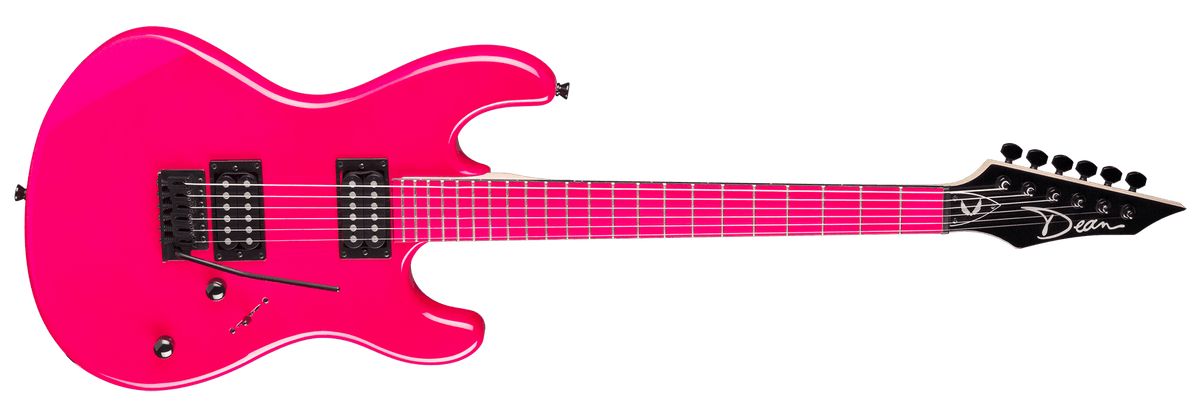 Dean Custom Zone Florescent Pink Electric Guitar with green strings, featuring a solid hardwood body, maple neck, Grover tuners, and vintage tremolo.