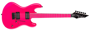 Dean Custom Zone Florescent Pink Electric Guitar with green strings, featuring a solid hardwood body, maple neck, Grover tuners, and vintage tremolo.