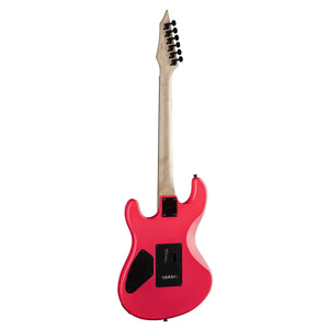 Dean Custom Zone Florescent Pink Electric Guitar with black knobs, maple neck, chrome hardware, and vintage tremolo.